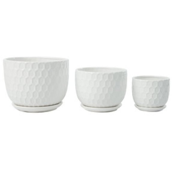 White 3pc Set Textured Ceramic Planters and Attached Saucers #POT0055 - Picture 5 of 7